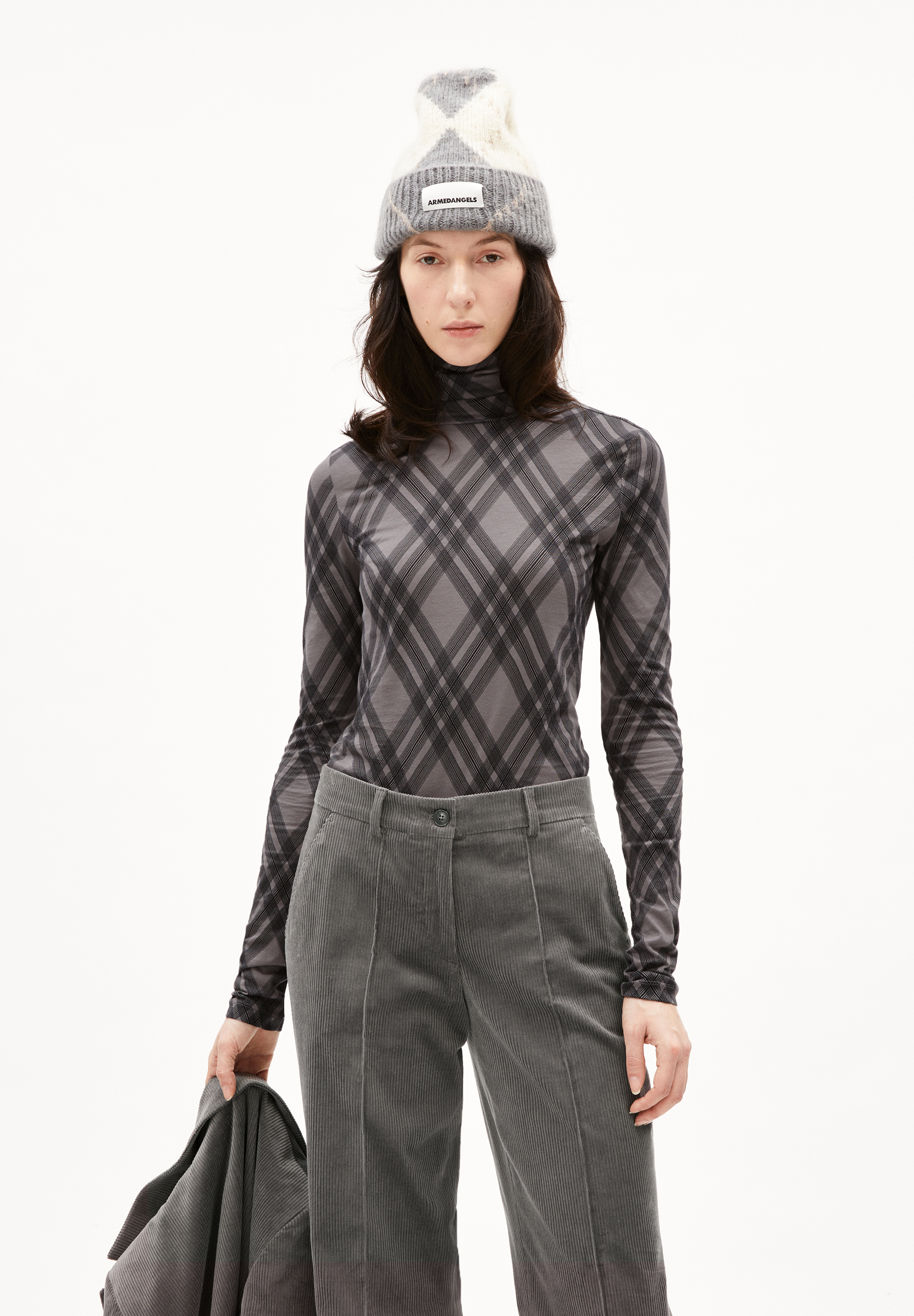 GRAZILIAA ARGYLE - Frauen Slim Fit Longsleeve - grau